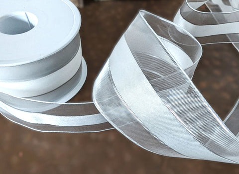 50mm Berisfords Sheer Organza Ribbon with a Satin Centre and Thin Metallic Stripes and edges