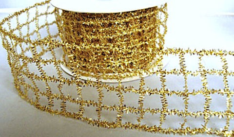 50mm Gold Tinsel Mesh Wired Ribbon | Berisfords