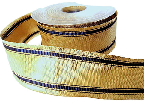 55mm Metallic Gold-Navy Grosgrain Stripe Wire Edge Ribbon | Berisfords