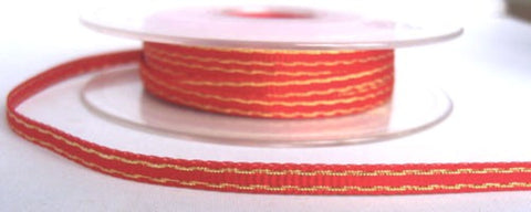 5mm Red Grosgrain Ribbon with Thin Metallic Gold Stripes
