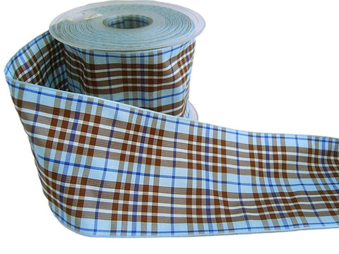 70mm Blues & Brown Polyester Tartan Ribbon by Berisfords