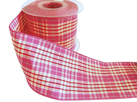 70mm Pink-Cream-Red-Blue Polyester Tartan Ribbon by Berisfords