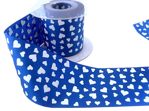 70mm Royal Blue & White Printed Love Heart Design Ribbon