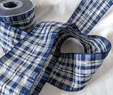 R4260 75mm Blues & Grey Tartan Ribbon with Thin Metallic Stripes