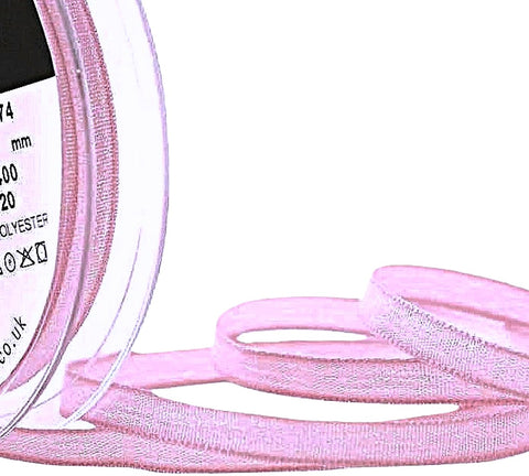 7mm pink polyester ribbon with a glittery metallic weave.