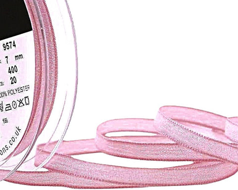 7mm pink polyester ribbon with a glittery metallic weave.