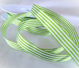 Meadow Green and white 9mm Berisfords Double Face Striped Soft Touch Polyester Taffeta Ribbon