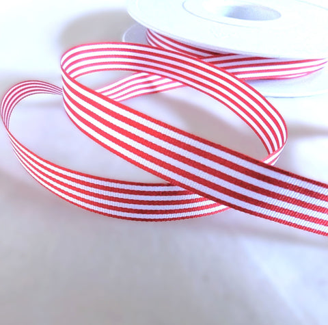 red and white 9mm Berisfords Double Face Striped Soft Touch Polyester Taffeta Ribbon