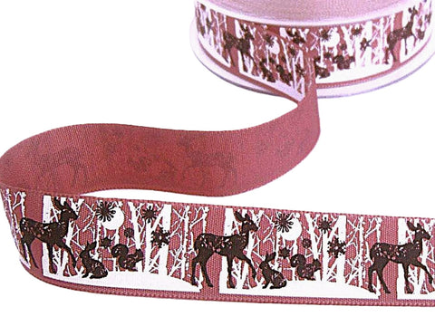 25mm Dusky Pink Berisfords Rustic Christmas Themed Print Taffeta Ribbon with a Cotton Apperance. Winter Forest Animals  Reindeer, Rabbit, Squirrel and Snowflake