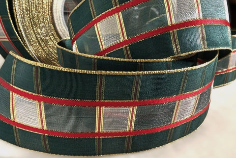 R5649C 25mm Green-Red-Sheer-Metallic Gold Tartan Ribbon,Berisfords
