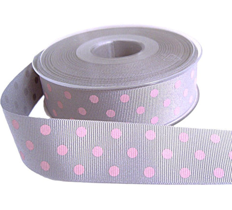 25mm Grey, Pink Polka Dot Polyester Grosgrain Ribbon by Berisfords