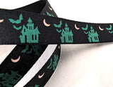 R6984 15mm Black & Green Haunted House Halloween Printed Ribbon