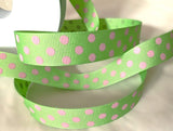 Berisfords Ribbon | 16mm Polyester Grosgrain | Polka Dot | Green & Pink