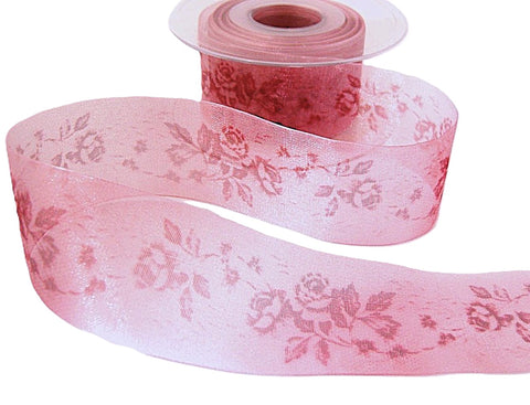 40mm dusky pink organza ribbon with a tonal wild rose print