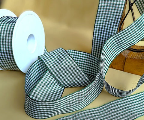 40mm Hunter Green & White Traditional Gingham Ribbon