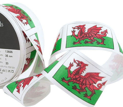 Berisfords Satin Ribbon with a Single Face Welsh National Flag Print