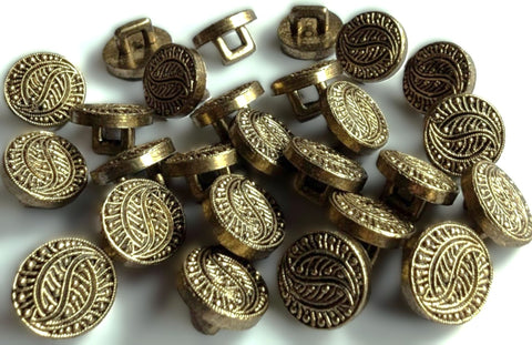 11mm metallic effect shank button. Antique brass with a textured pattern