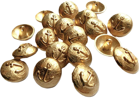 18mm gold brushed metal domed shank button with raised anchor design for blazers and coats
