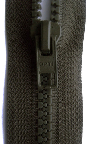 Olive green separating zip for jackets, coats and knitwear, 71cm length.