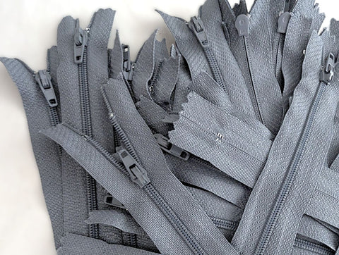 18cm closed end zips, slate grey polyester fabric and nylon no.3 teeth