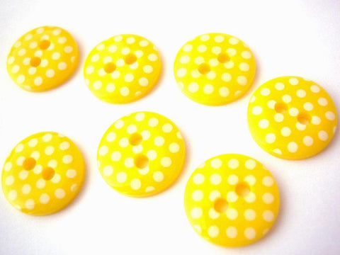 B13135 12mm Yellow and White Polka Dot Glossy 2 Hole Button