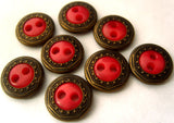 B1459 12mm Geranium Red Two Hole Button with a Brass Metal Rim - Ribbonmoon