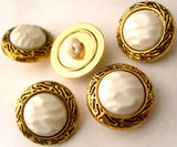 B1615 17mm White Textured and Domed Shank Button, Gilded Gold Poly Rim - Ribbonmoon