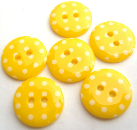 B16419 15mm Yellow and White Polka Dot Glossy 2 Hole Button - Ribbonmoon