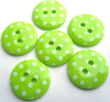 B16460 15mm Lime Green and White Polka Dot Glossy 2 Hole Button - Ribbonmoon