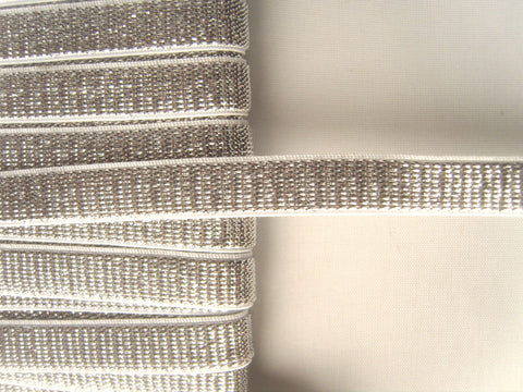 E132 10mm Metallic Silver and White Lurex Stretch Elastic Trimming - Ribbonmoon