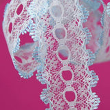 L518 35mm White and Pale Blue Eyelet or Knitting In Flat Lace