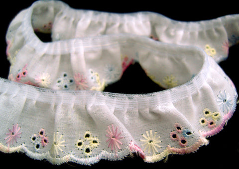 L011 27mm White, Pink, Blue and Lemon Frilled Broiderie Angalise Lace