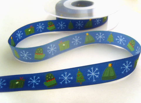 R8671 15mm Royal Blue Taffeta Ribbon with a Christmas Design by Berisfords