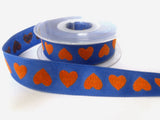 R0007 25mm Royal Blue and Orange Embossed Love Heart Ribbon