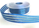 R0035 25mm Royal Blue Satin, Sheer and Gold Lurex Striped Ribbon