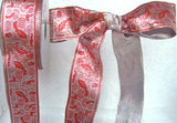 R0058 40mm Metallic Silver Lurex Ribbon with a Red Printed Design - Ribbonmoon
