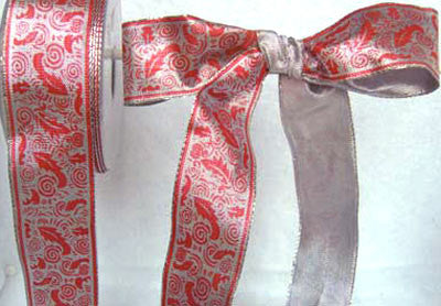 R0058 40mm Metallic Silver Lurex Ribbon with a Red Printed Design - Ribbonmoon
