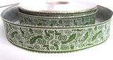 R0061 25mm Metallic Silver Lurex Ribbon with a Green Printed Design - Ribbonmoon