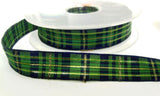R0063 15mm Blue-Green Tartan Ribbon-Thin Metallic Gold Stripes-Berisfords