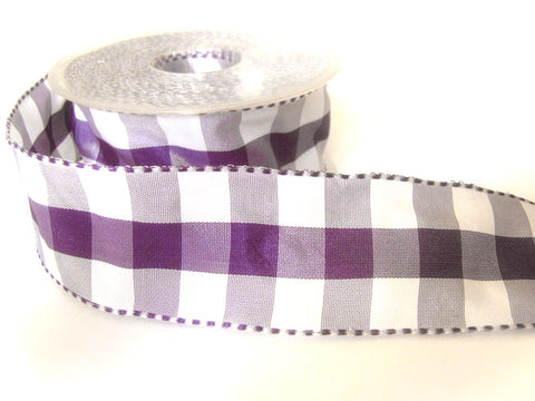 R0086 40mm Purple and White Gingham Ribbon with Satin Banded Borders