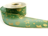 R0158 40mm Green Translucent Polyester Ribbon, Metallic Gold Print