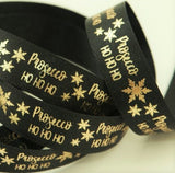 R0241 15mm Black Satin with Gold Prosecco Christmas Print Ribbon