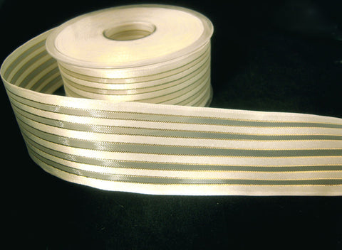 R0245 40mm Bridal White Satin, Sheer and Gold Metallic Striped Ribbon, Wired