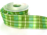 R0248 40mm Greens and Cream Polyester Gingham Plaid Ribbon, Wired