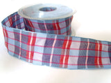 R0249 40mm Blues, Pinks and Red Polyester Gingham Ribbon. Wire Edge