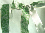 R0349 39mm Metallic Silver Lurex Ribbon with a Green Printed Design - Ribbonmoon