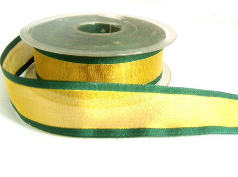 R0356 25mm Deep Gold Metallic Sheer Ribbon with Green Borders