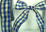 R0359 50mm Blue and Natural White Gingham Ribbon. Wire Edge