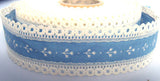 R0431 33mm Denim Blue Cotton ribbon with Cream Linen Lace Borders - Ribbonmoon