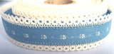 R0454 32mm Denim Blue Cotton Ribbon with Linen Lace Border - Ribbonmoon